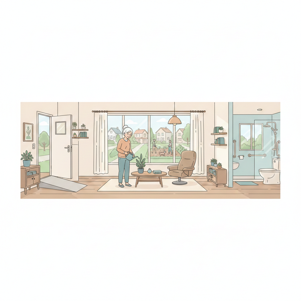 Diagram explaining the concept of Aging in Place including home safety, daily living, and community support